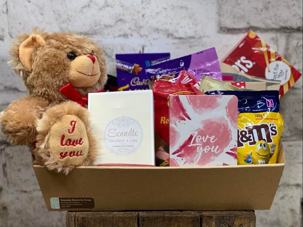 Hamper, brown Teddy Bear with hearts on the feet, Candle, Choc, Sweets and a book of Love