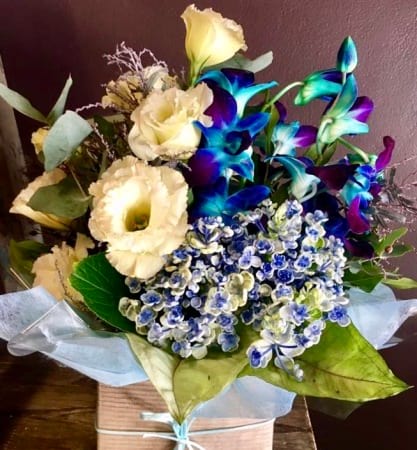Blue & White Arrangement with Singapore Orchids