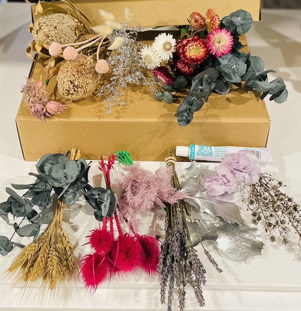 Box of preserved flowers for wreaths