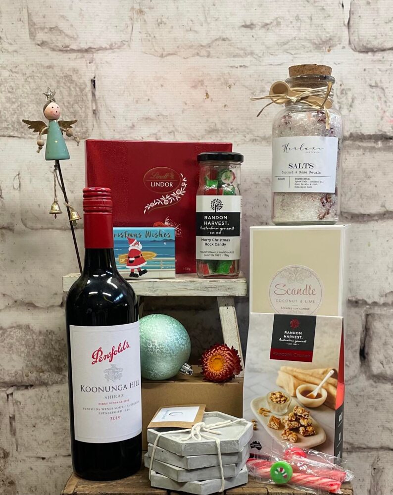 Hamper of Christmas Gifts | Candle, rock candy, chocolate, popcorn, bath salts, coasters, christmas ornaments