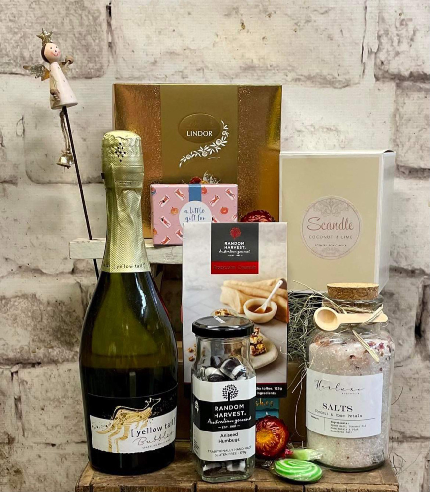 Hamper of Christmas Gifts | Candle, rock candy, chocolate, prosecco, popcorn, bath salts, christmas ornaments