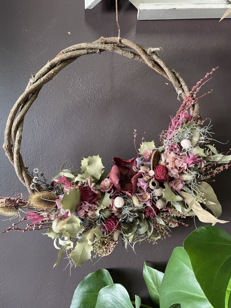 Preserved flower Christmas wreath in pink & burgundy colour tones