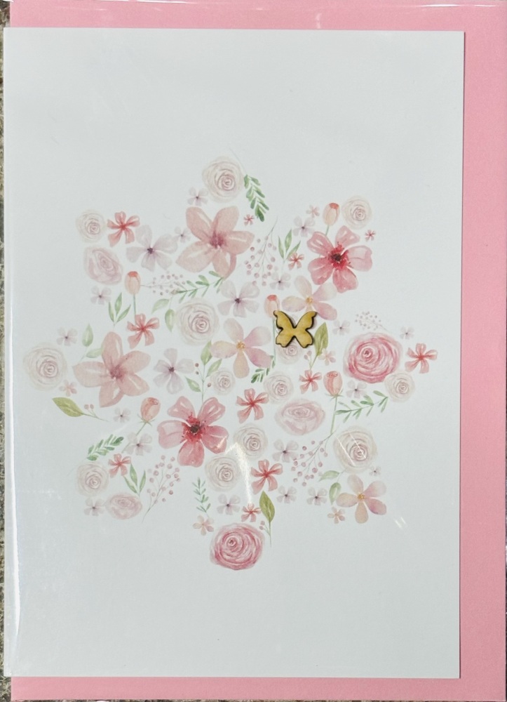 Pink Flower With Wooden Butterfly Carrd