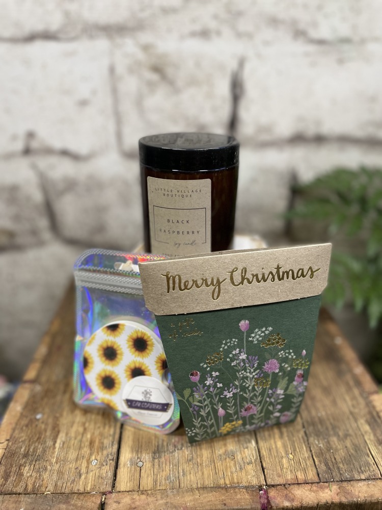 Hamper of Christmas Gifts | Candle, car coaster, flower seeds