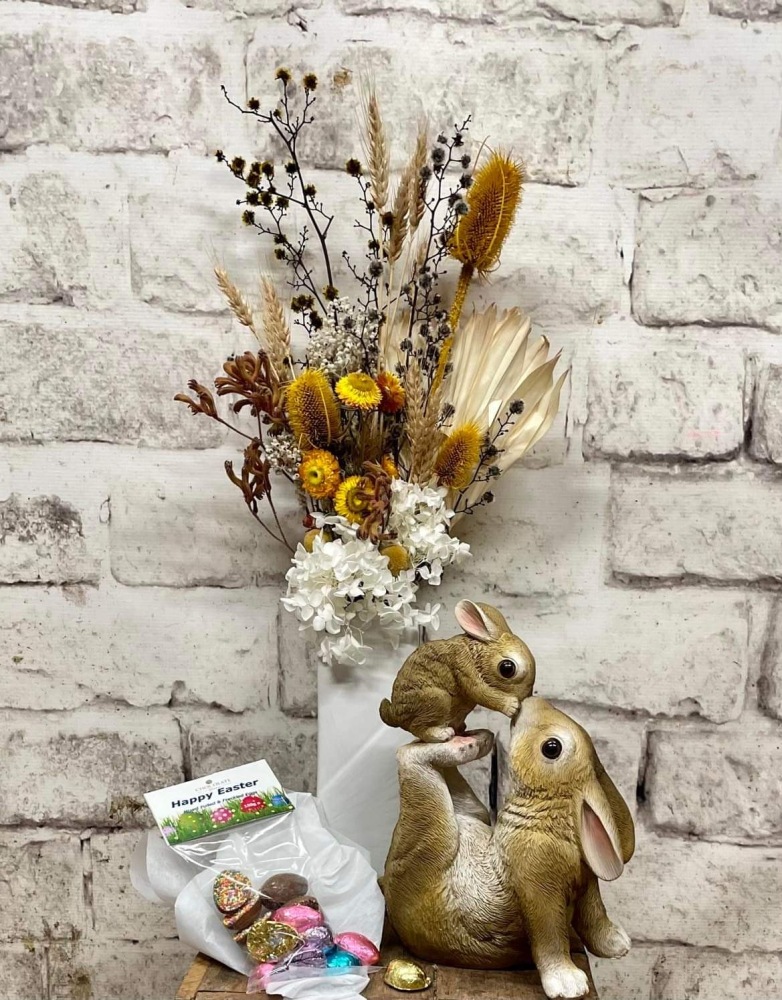 Preserved flower arrangement, mum & baby ceramic bunny, easter eggs