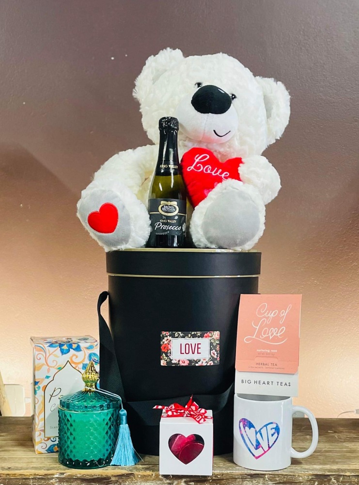 Hamper with Teddy Bear, Candle, Chocolate hearts, herbal tea, sparkling wine