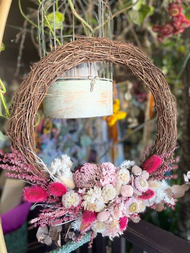 Christmas Wreath featuring preserved flowers in pink