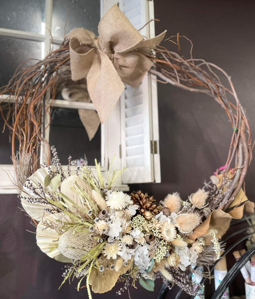 Preserved flower Christmas wreath in narural tones