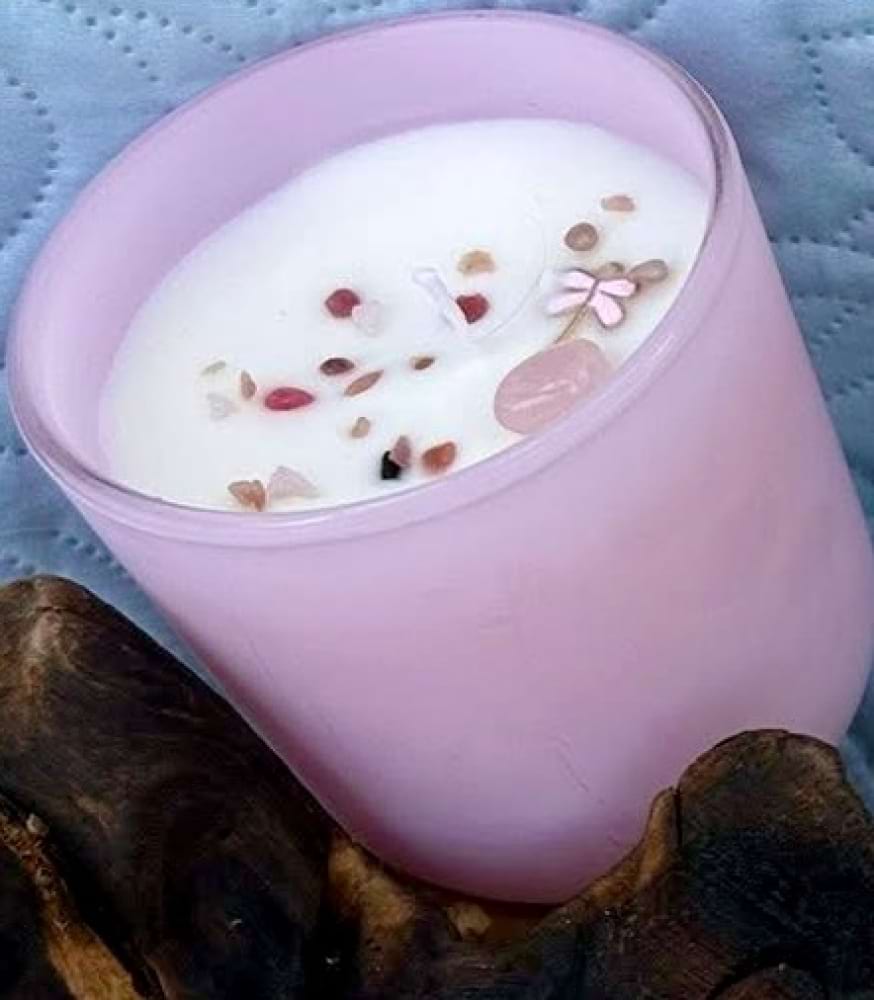 Sugar Magnolia scented soy candle by Hello You Candles in a glass base with decorative crystals