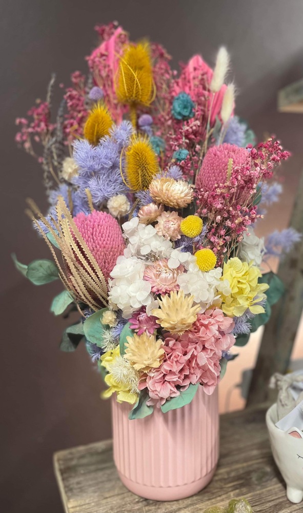 Tall Preserved flower arrangement in multi coloured tones