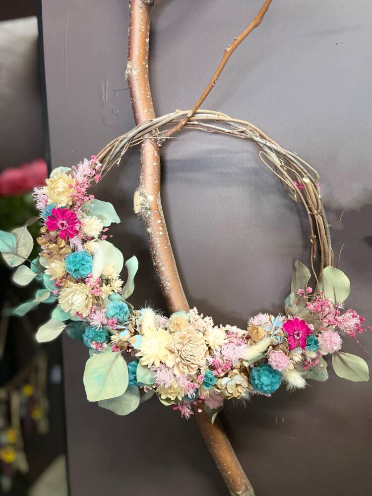 Christmas Wreath featuring preserved flowers in cream, aqua & pink